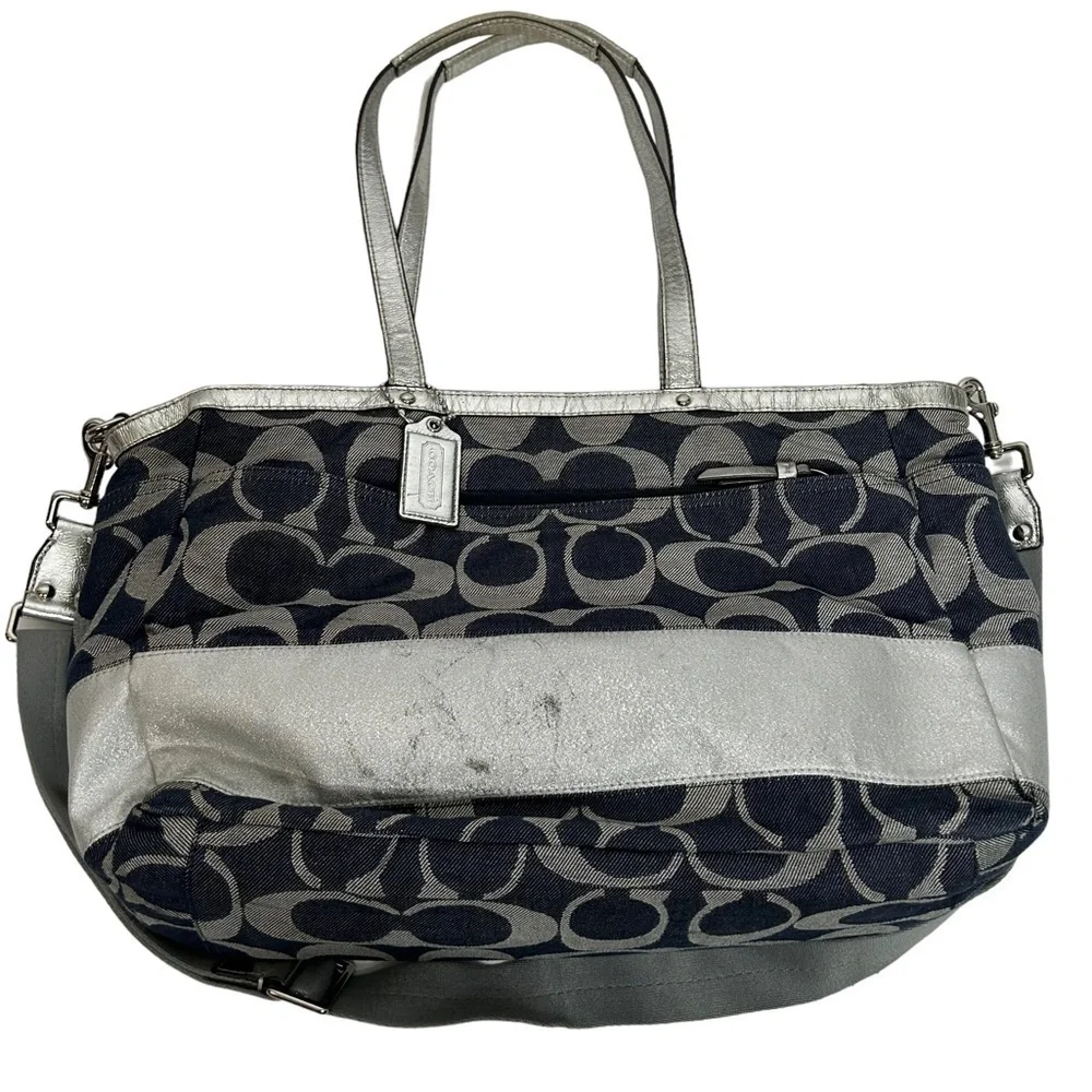 Coach Denim Signature Stripe Tote Weekender Diaper Bag F17443 Large Shoulder Bag